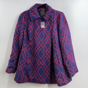 C Wonder Diamond Print Coat Wool Blend Navy Red Brooch Women’s S NWOT